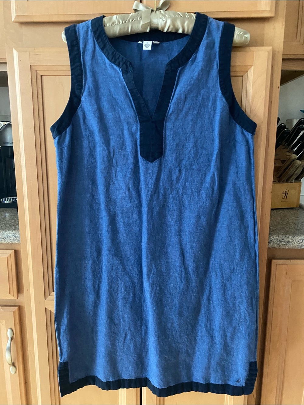 Nautica Light Blue Linen-Cotton Sleeveless Shift with Navy Trim